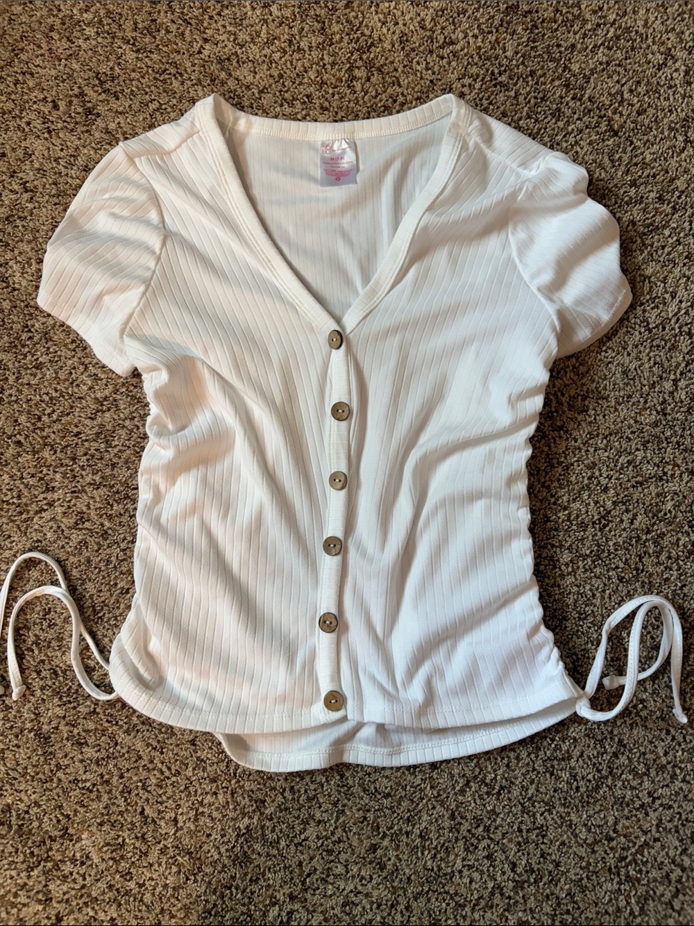 No Boundaries White Ribbed Button-Front Side-Tie Crop Top